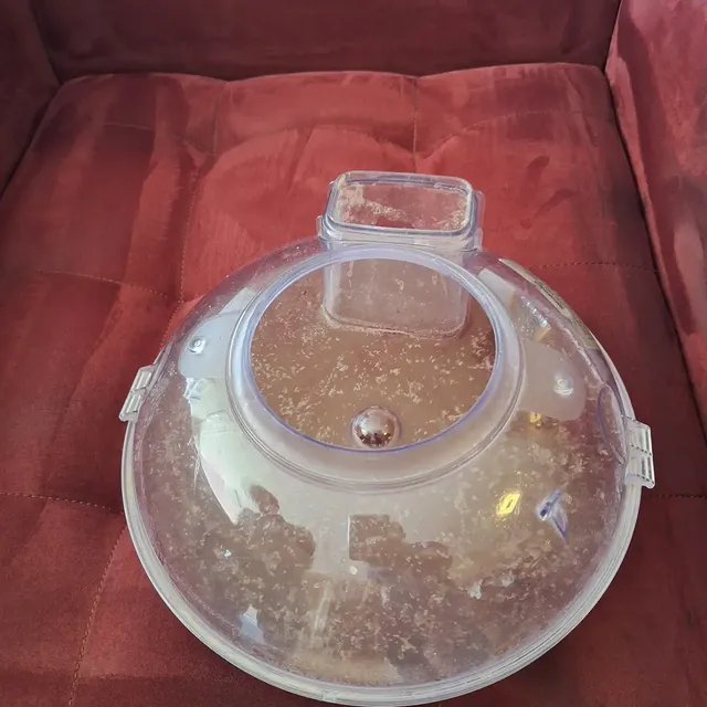 Tanque da extratora sobre sofá vermelho mostrando a água da limpeza