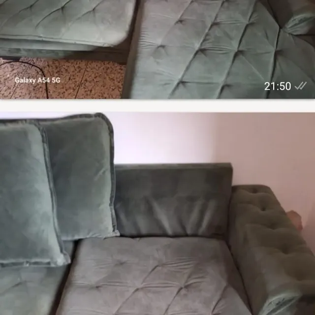 Sofá-cama verde higienizado, registro enviado ao cliente